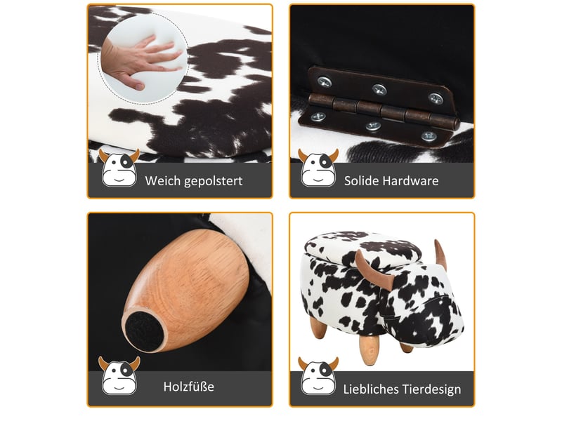  Pouf animal vache avec rangement 62 x 35 x 36 cm noir et blanc, assise en tissu flanelle, pieds en bois d'hévéa  - Conforama E