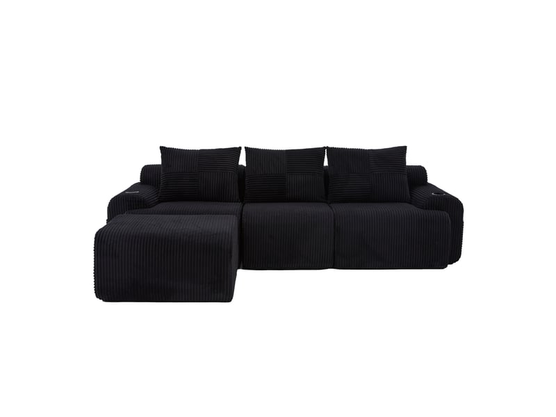  Canapé modulable 3 places 268x174x80 cm avec poufs en velours côtelé noir  - Conforama A