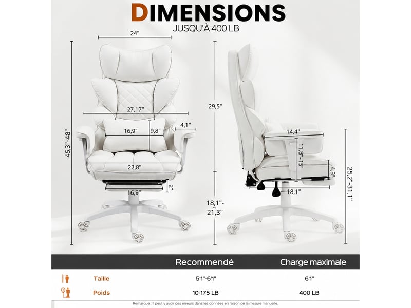 Fauteuil de bureau ergonomique, dossier 90-135°, repose-pieds rétractable, accoudoirs pliables,blanc - Conforama E