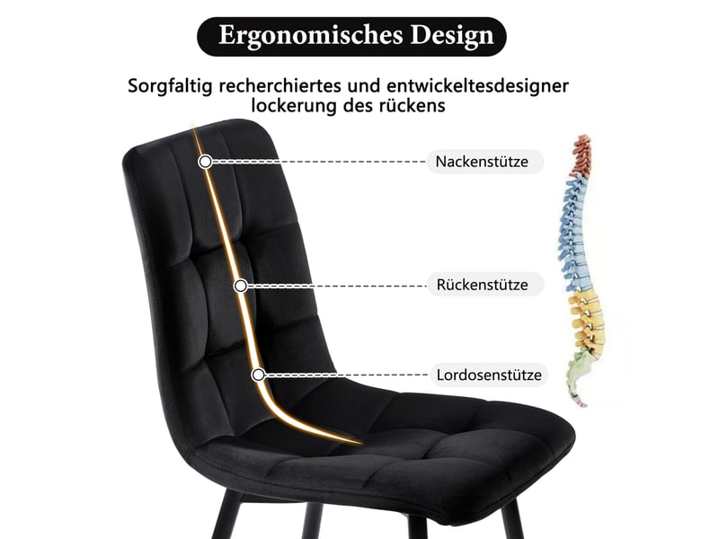  Lot de 4 chaises salle à manger, assise rembourrée en velours avec pieds en métal, ergonomie, pour cuisine, salle à manger, salon, chambre à coucher, noir  - Conforama D