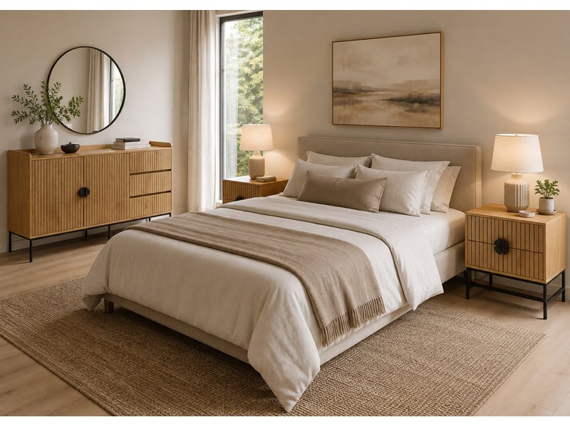  Ensemble de chambre hwc-o39, 2 tables de chevet, 1 buffet, tiroirs en mélaminé, mdf et métal - couleur naturelle  - Conforama B