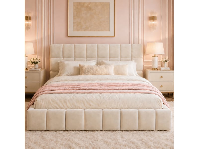  Lit 140x190 cm design classique avec tête de lit et côtés confortables en velours beige, sans matelas  - Conforama B