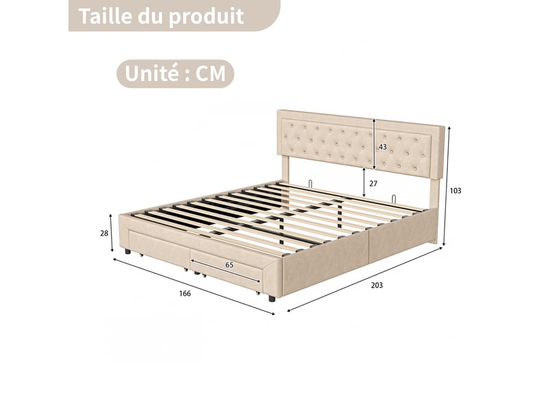  Lit double coffre 160x200, rangement hydraulique sous le lit, 2 tiroirs au pied, sommier à lattes, tissu velours, beige  - Conforama C