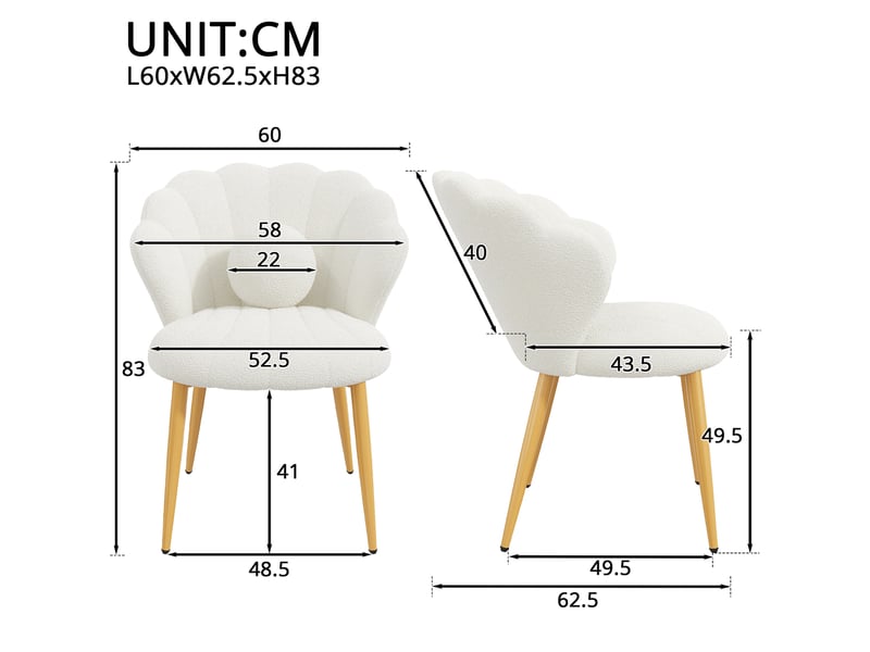 Lot de 2 chaises de salle à manger dossier coquillage en tissu teddy blanc, pieds dorés - Conforama E