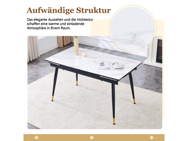 Table à manger, 140-200 cm, extensible, table vendue seule, en céramique et métal, coloris noir et doré, pour maison et appartement - Conforama W