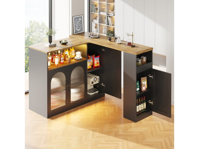  Table de bar pivotante extensible avec lumière led,4 portes(2 portes en verre changhong) et 2 niches,noir table de bar noir - Conforama B