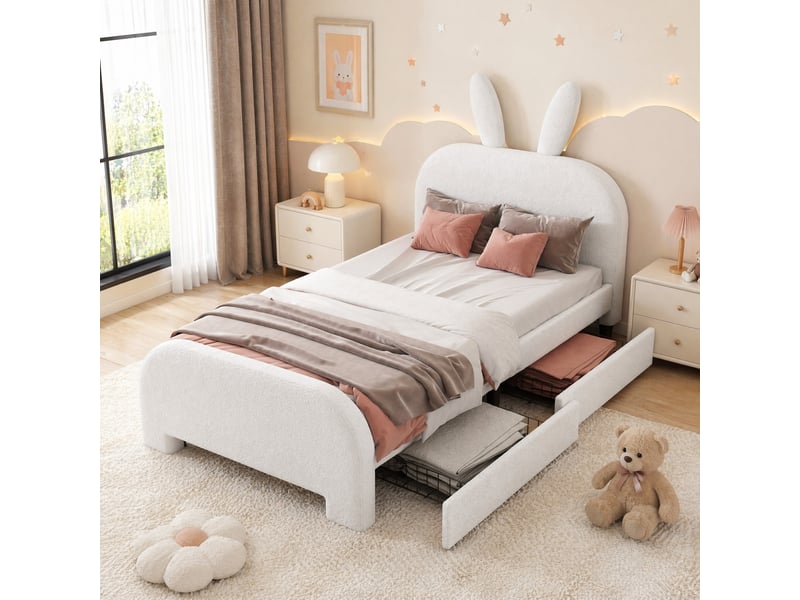  Lit enfant 90x200 cm à tête de lit lapin avec 2 tiroirs, blanc  - Conforama C