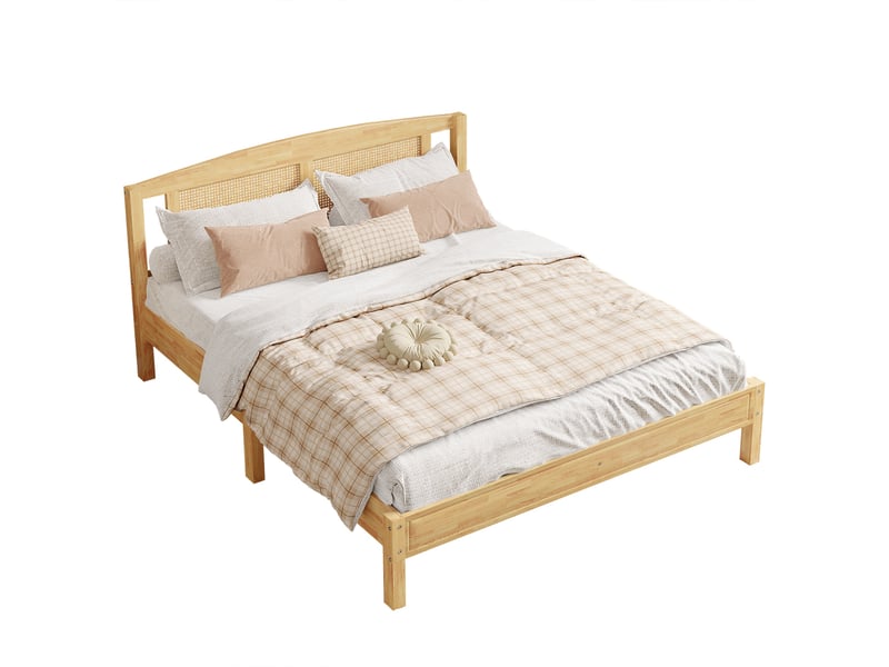  Lit double 160x200 cm, avec tête de lit cannage, cadre de lit style bohème chic, structure en bois de pin massif, sommier à lattes, naturel  - Conforama A
