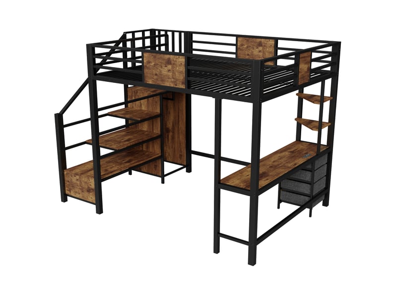  Lit mezzanine 140x200 cm en métal – noir – bureau, rangements, penderie, éclairage led et prise intégrés  - Conforama D
