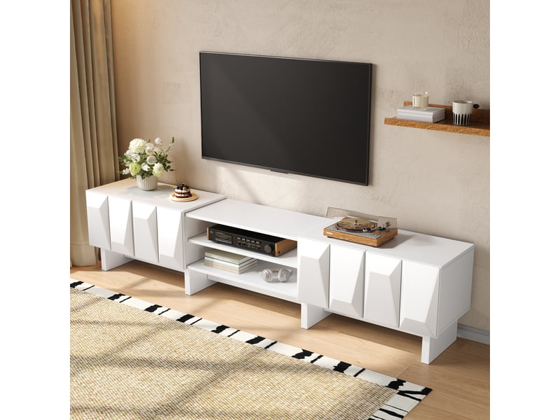  Meuble tv 180x34x44,5 cm - meuble bas en panneau de particules avec façade en relief, 4 portes, niches ouvertes et passe-câbles  - Conforama E