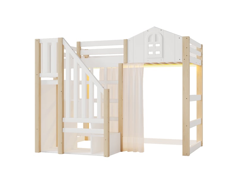Lit mezzanine 90 x 200 cm, éclairage led, échelle de rangement, compartiment de rangement ouvert, filet, blanc et naturel. - Conforama E