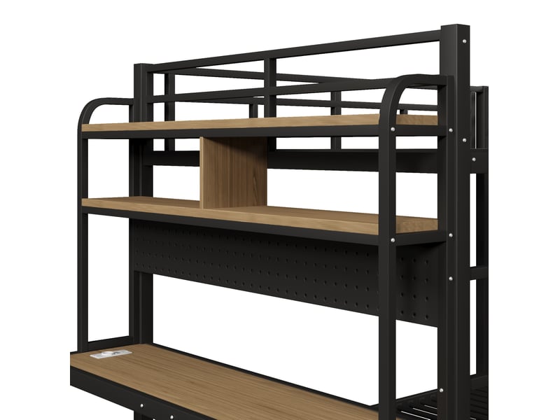  Lit superposé 140 x 200 cm, bureau, rangements, led pilotable, usb, garde-corps, échelle, métal, mdf, noir, sans matelas  - Conforama R