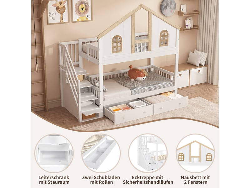  Lit superposé enfant 200×90 cm avec escalier de rangement, 2 tiroirs et barrières, en pin et mdf blanc et naturel  - Conforama E