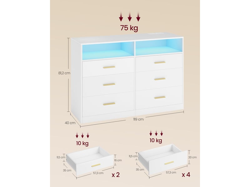  Commode de rangement moderne avec 6 tiroirs 40 x 119 x 81,2 cm en panneau d'aggloméré blanc nuage 12_0013157  - Conforama B