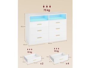 Commode de rangement moderne avec 6 tiroirs 40 x 119 x 81,2 cm en panneau d'aggloméré blanc nuage 12_0013157