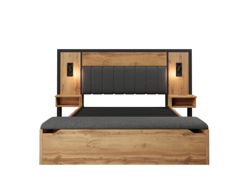 Lit double capitonné 160x200 avec lampe et chevet usb-c, banquette de rangement, cadre métal-bois-lin chêne, matelas inclus - Conforama A