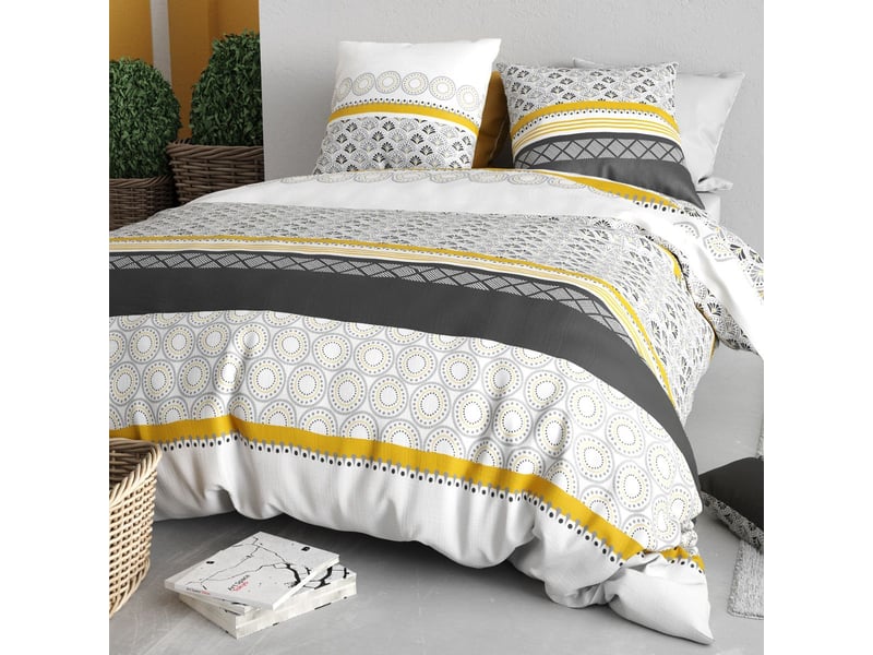  Parure housse de couette 260x240cm + 2 taies motif blanc gris et jaune 100% coton - ipsar IPSAR - Conforama B