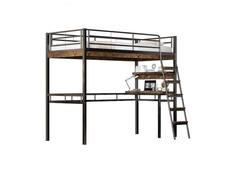  Lit mezzanine 90x200cm - lit une place - avec bureau et étagères - barrières de sécurité - échelle incluse - lit ado - noir  - Conforama A