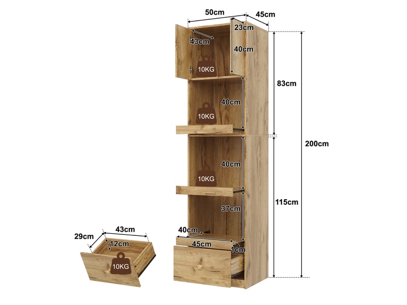 Armoire haute de cuisine 50x45x200 cm avec 2 portes, 3 paniers coulissants, 1 tiroir, étagères réglables, rangement micro-ondes, mdf effet chêne - Conforama D