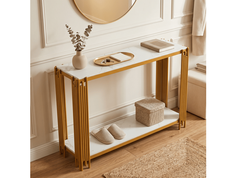  Console 123,5x33,5x80 cm à 2 niveaux effet marbre blanc et métal doré  - Conforama B