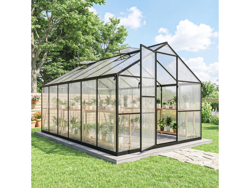  Serre de jardin en aluminium polycarbonate, serre avec fenêtres supérieures réglables 363x247x205cm noir  - Conforama D