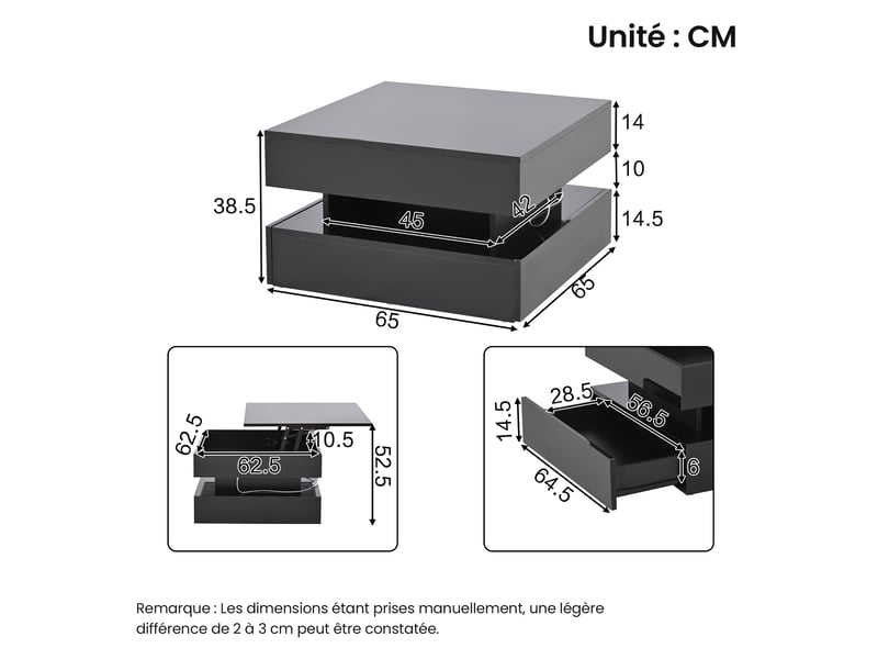  Table basse relevable avec 2 tiroirs et led, rangement caché, pour salon, en panneau de particules, noir - uvrion  - Conforama E
