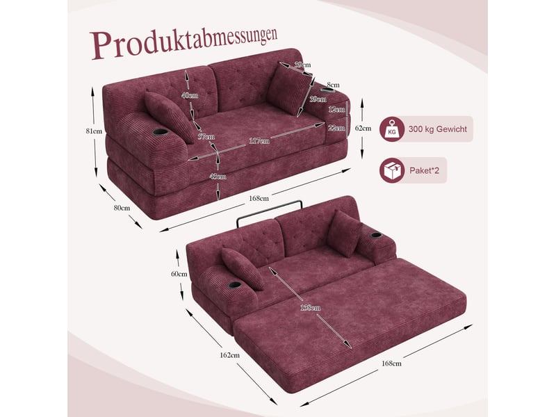  Canapé convertible 2 places 168.00×80.00×81.00 cm en velours côtelé avec porte-gobelets et poches latérales bordeaux chicfurn  - Conforama D