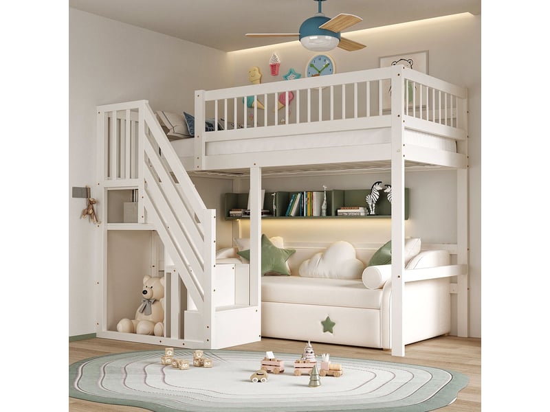  Lit mezzanine 90x200, sécurité renforcée lit enfant, escalier rangements intégrés, structure bois massif  - Conforama A