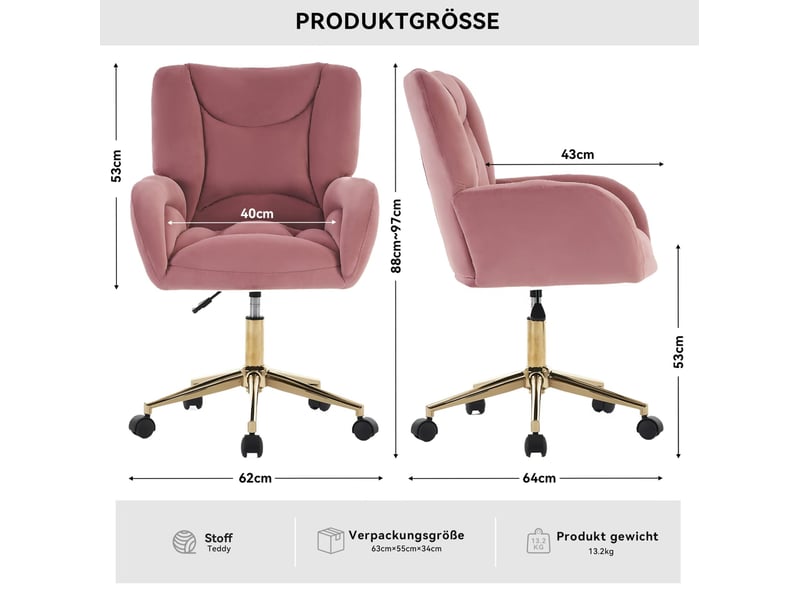  Chaise de bureau pivotante réglable en velours rose, base métal doré et roulettes 360°, pour votre espace de travail  - Conforama C