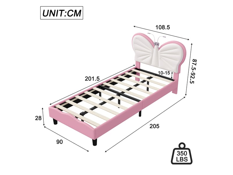 Lit enfant 90x200 cm en velours, lit simple rembourré avec liseuses intégrées, lit princesse papillon pour fille avec sommier à lattes, tête de lit réglable en hauteur, rose - Conforama C