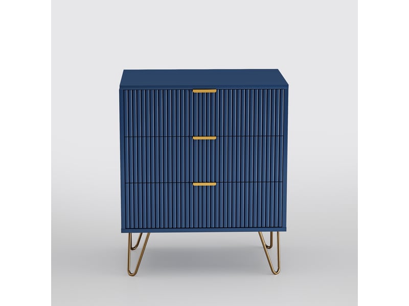  Table de chevet, commode à 3 tiroirs, 60x40x70 cm, meuble de rangement en bois avec pieds en métal, design nervuré moderne, bleu et or  - Conforama A