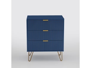 Table de chevet, commode à 3 tiroirs, 60x40x70 cm, meuble de rangement en bois avec pieds en métal, design nervuré moderne, bleu et or