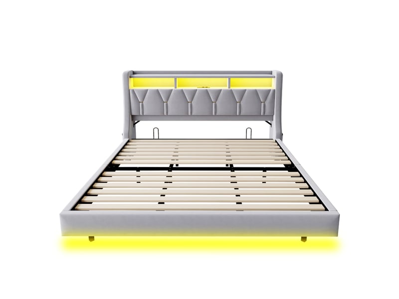  Lit capitonné 180 x 200 cm, tête de lit rabattable avec prise et compartiment de rangement, éclairage led, pieds de lit élargis, design suspendu, tissu velours gris clair  - Conforama D