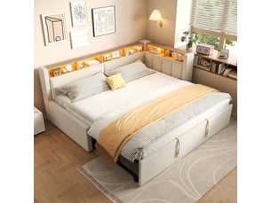 Banquette-lit extensible 90x200 à 180x200 cm, led, tête de lit d'angle avec rangements ouverts, lin et mdf, beige