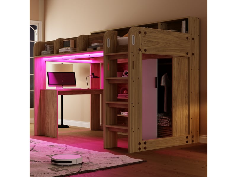  Lit mezzanine enfant 90x200 cm avec bureau, armoire et rangement, lit gain de place avec led et prise intégrée, structure bois avec sommier inclus  - Conforama D