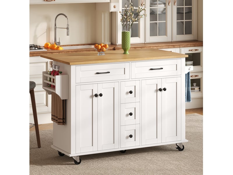Desserte de cuisine 140x65x89 cm blanche et naturelle avec plateau rabattable - Conforama E