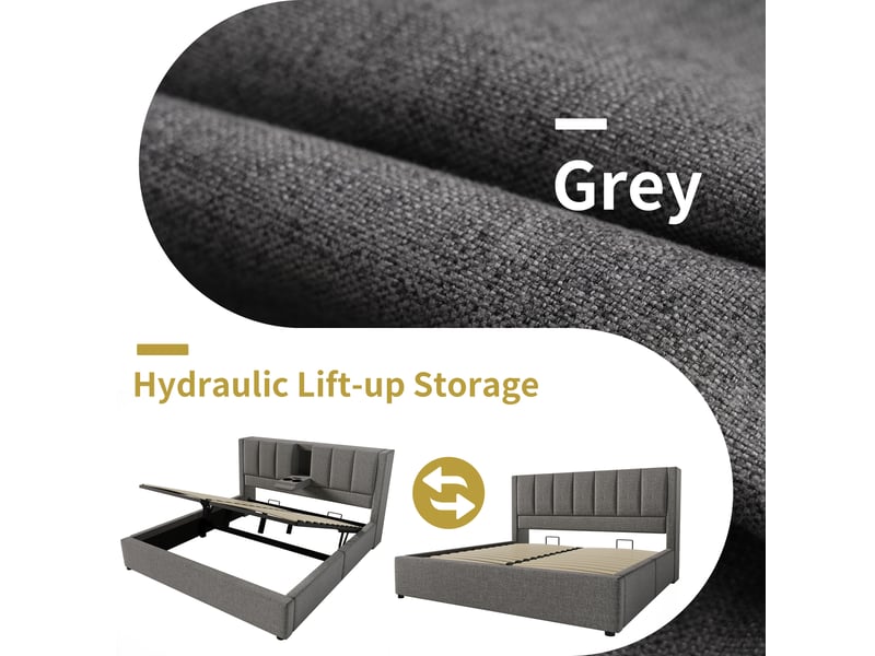  Lit coffre 160x200cm - 2 places pour adulte - gris - lin - station de charge usb et type-c - porte-gobelet caché  - Conforama R