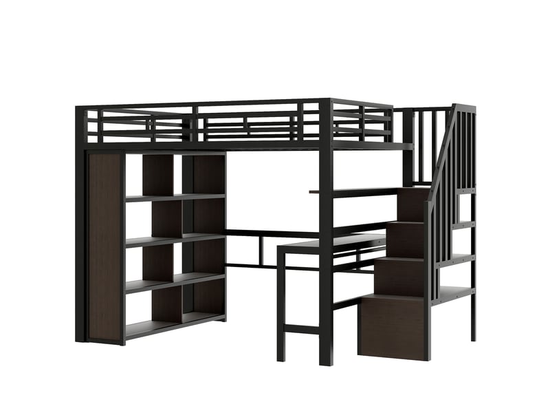 Lit mezzanine métal noir 140x200 cm avec bureau led rangement escalier - Conforama E