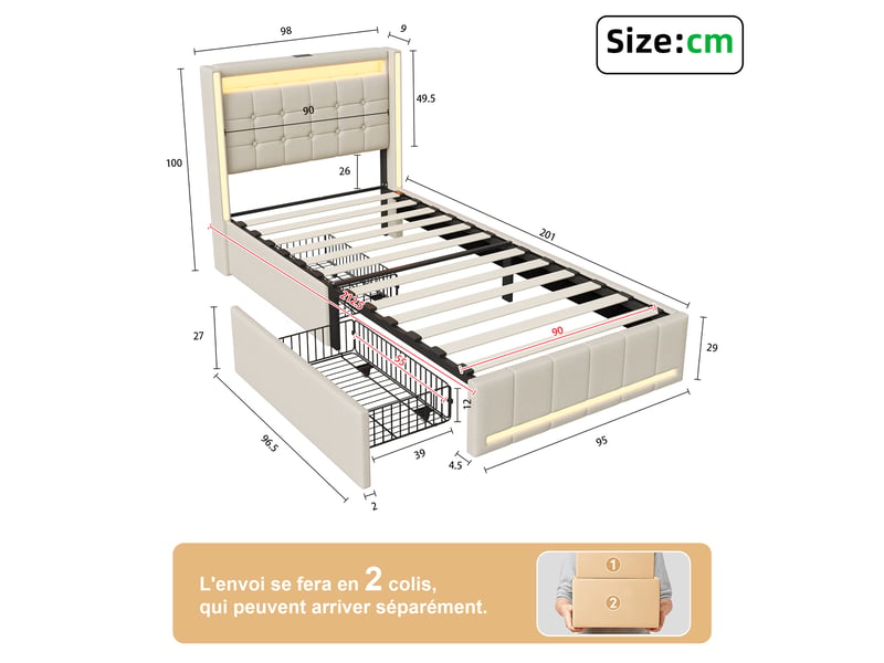  Lit rembourré 90 x 200 cm avec éclairage led, port de chargement usb, double tiroir, beige  - Conforama C