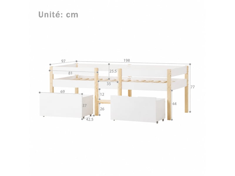  Lit mezzanine enfant en bois massif, lit simple avec 2 tiroirs, barrière et échelle, 90x190 cm, sans matelas, blanc  - Conforama D