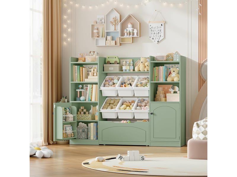  Meuble rangement enfant bibliothèque enfant avec 15 étagères 6 boîtes amovibles 1 tiroirs roulants 2 portes rangement jouet 140x33x108.2cm vert  - Conforama E