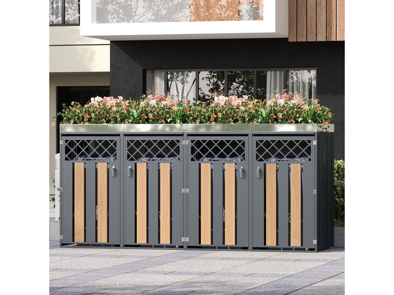 Cache-poubelles 4 portes verrouillables, ventilation en losange et toit végétalisable - Conforama B
