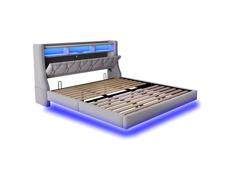  Lit capitonné 180 x 200 cm, tête de lit rabattable avec prise et compartiment de rangement, éclairage led, pieds de lit élargis, design suspendu, tissu velours gris clair  - Conforama E