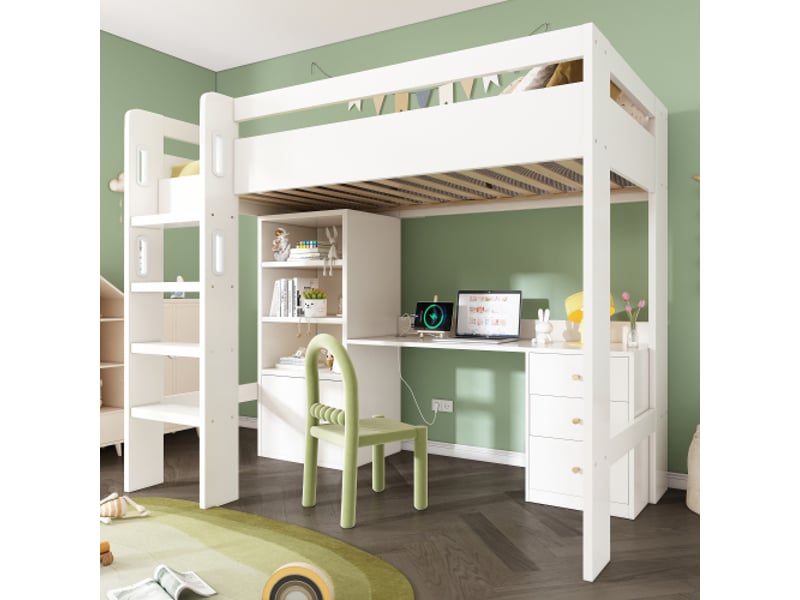  Lit mezzanine 90x200 cm, lit enfant avec tiroirs, table, armoire et prise usb, en mdf, blanc, sans matelas  - Conforama C