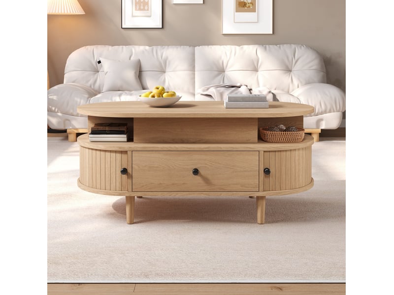  Table basse ovale 105x50x60,5 cm avec plateau relevable hydraulique, rangement caché, mdf, couleur naturel  - Conforama D