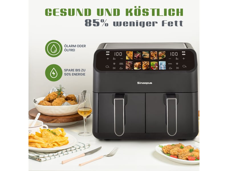  Friteuse à air chaud - capacité xxl 9l - double chambre - écran led tactile - température réglable 80-200℃ 36x32x31cm - Conforama E