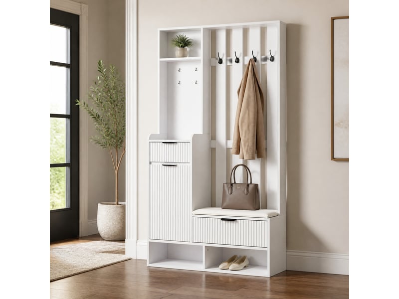  Vestiaire d’entrée 100x30x180 cm avec banc à chaussures et 8 crochets, blanc  - Conforama B