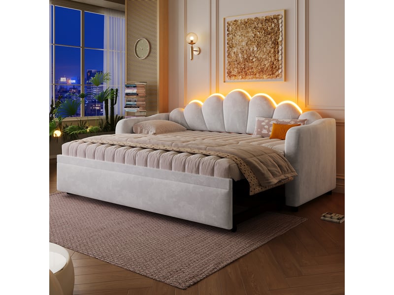 Lit tiroir gigogne 90x200 cm, velours gris, led 7 couleurs, 2 positions, sans matelas - Conforama R