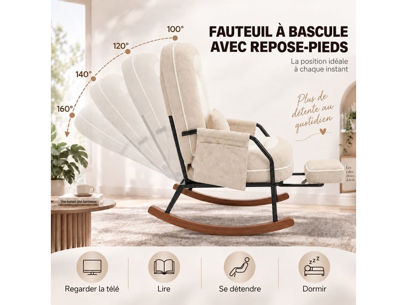  Fauteuil à bascule moderne avec dossier inclinable 100°-160°, repose-pieds escamotable, coussin en fausse fourrure de lapin,beige  - Conforama D