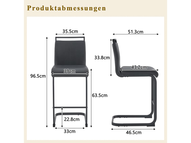 Lot de 2 tabourets de bar cantilever 39 x 46,5 x 96,5 cm - assise en cuir pu et structure métal noir - noir - Conforama C